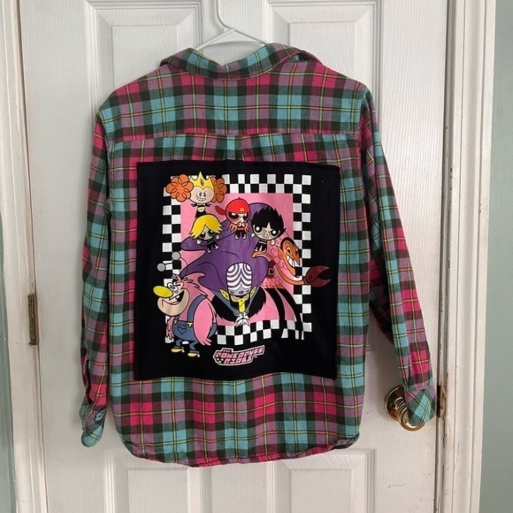 Custom Power Puff Girls Upcycled Flannel Shirt Size Medium